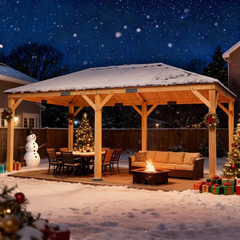 Hardtop Wood Gazebo for Patio, Outdoor Cedar/Spruce Pergola with Metal or Asphalt Roof, All-Weather Backyard Shelter - 12'x16' - Asphalt Roof