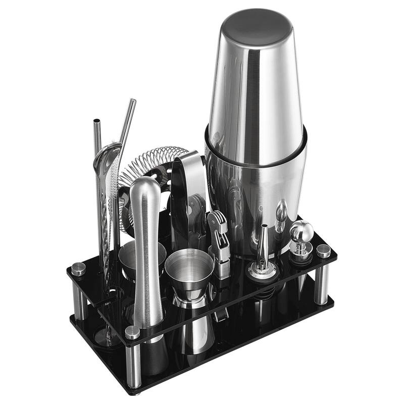 Stainless Steel Bartender Kit 14-Piece with Acrylic Stand & Shaker - 8.27 x 4.33 x 11.22 in