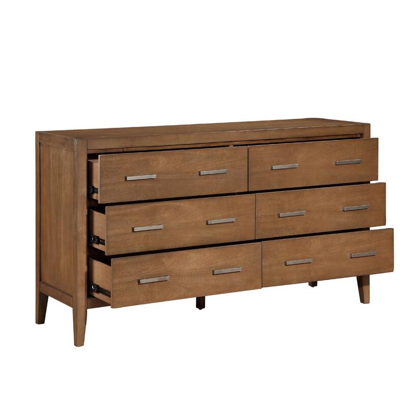 Evi Dresser, 60 Inch, 6 Drawers, Brushed Rich Brown Wood, Brass Pulls