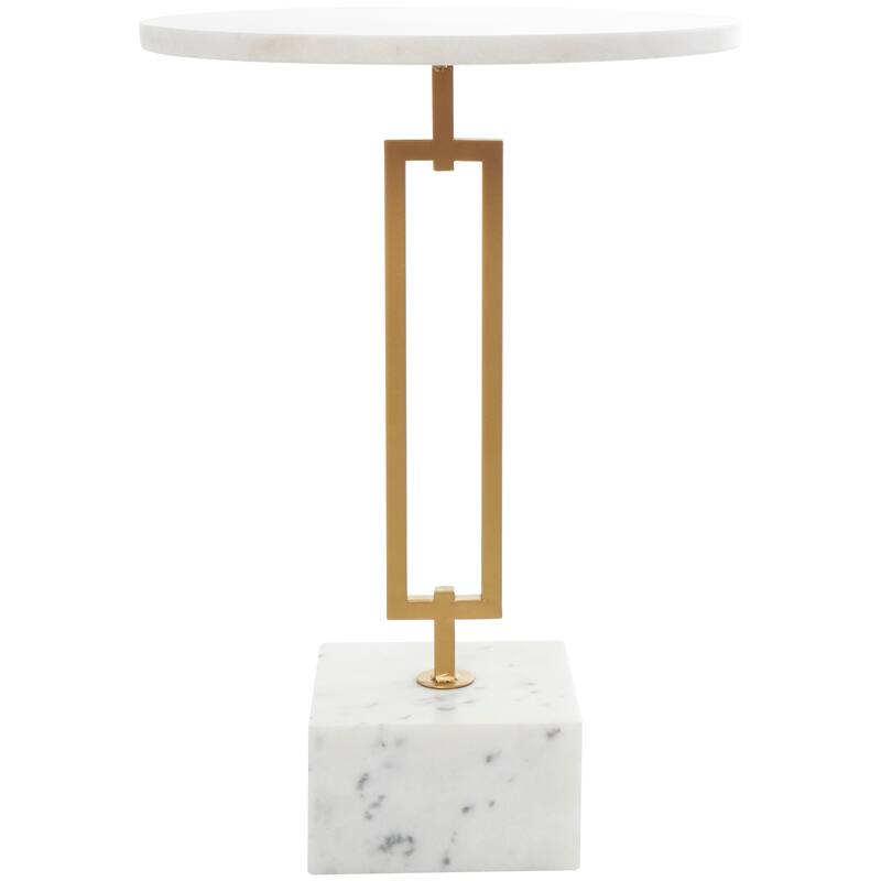 White Marble Geometric Accent Table with Gold Metal Rectangular Stand