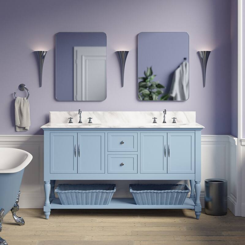 KitchenBathCollection Beverly 60" Double Bathroom Vanity with Carrara Marble Top - Powder Blue