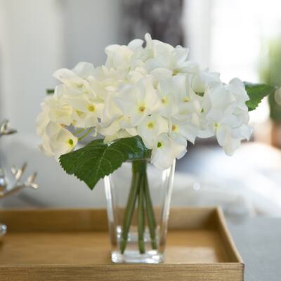 9" TALL Hydrangeas Mix in Glass Pot,White - ONE-SIZE