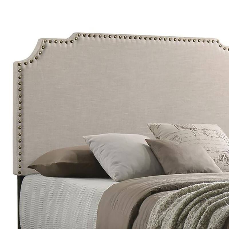 Beige Queen Panel Bed with Nailhead Trim and Art Deco Headboard