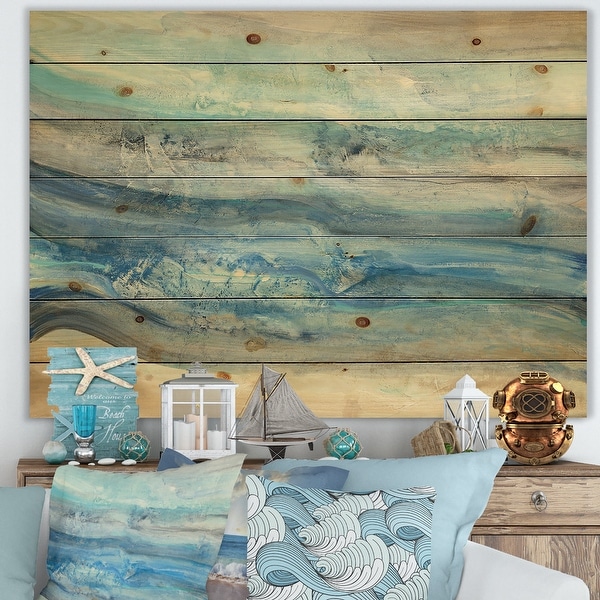 Designart 'Ocean Mineral Waves' Nautical & Coastal Print on Natural Pine Wood - Blue. Opens flyout.