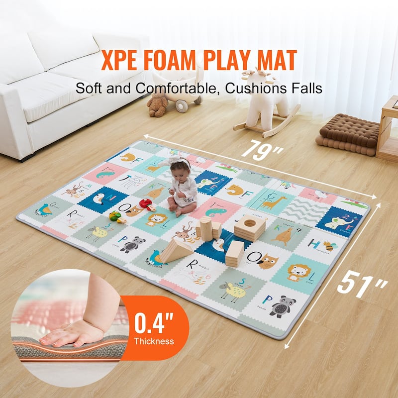 Multi-Color Baby Play Mat, Dual-Sided, Soft and Foldable for Crawling - 79” L x 51” W