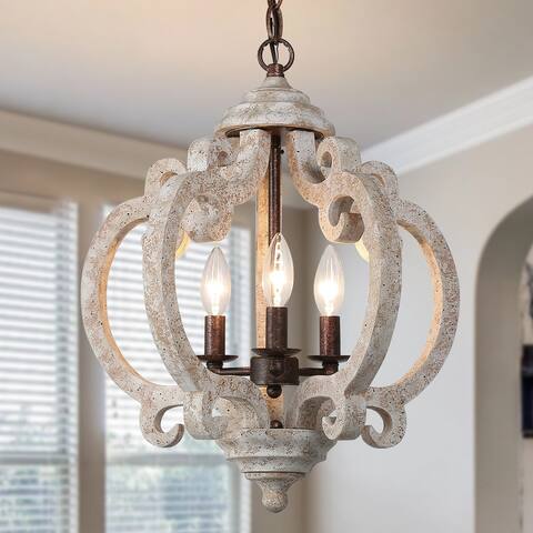 French Country Wood 3-light Crown Distressed Off-white Chandelier for Dining Room - White Wood - D15.5"x H 19"