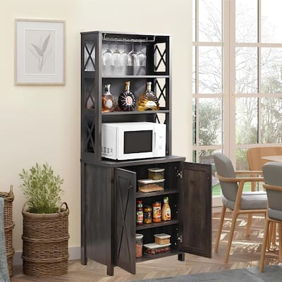 Roomfitters Farmhouse Wine Cabinet, Kitchen Hutch Buffet for Liquor and Glasses Rack, Home Bar Cabinet with Open Storage