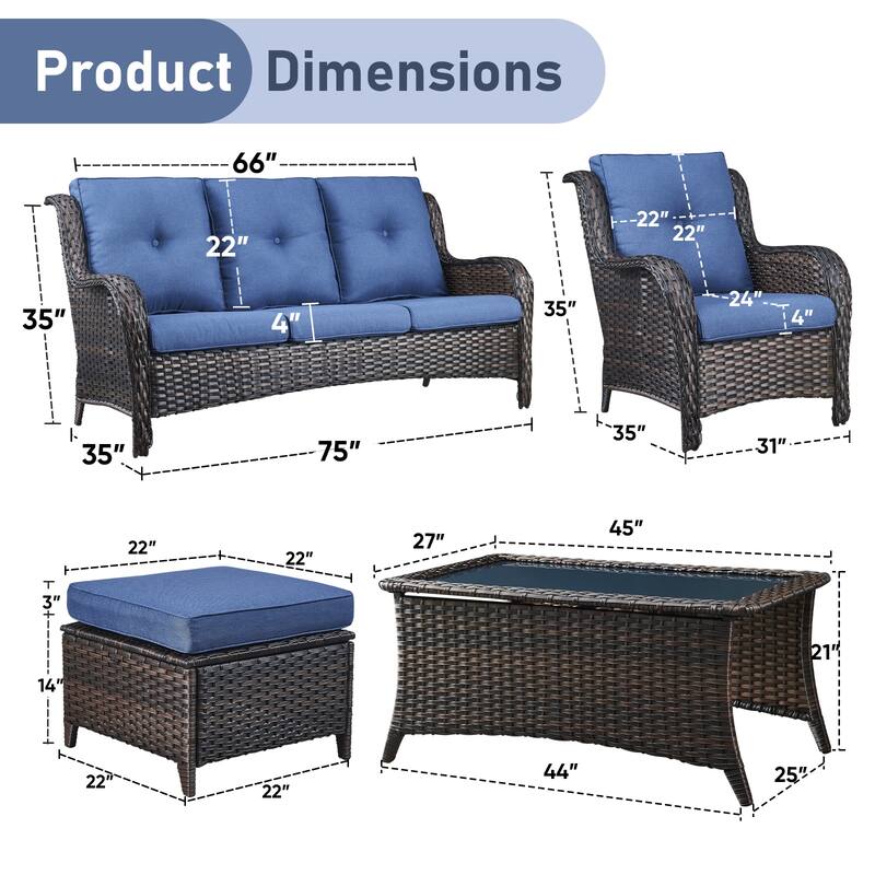 Pocassy 6 Pieces Outdoor 3-Seat Sofa Chairs Table Ottoman