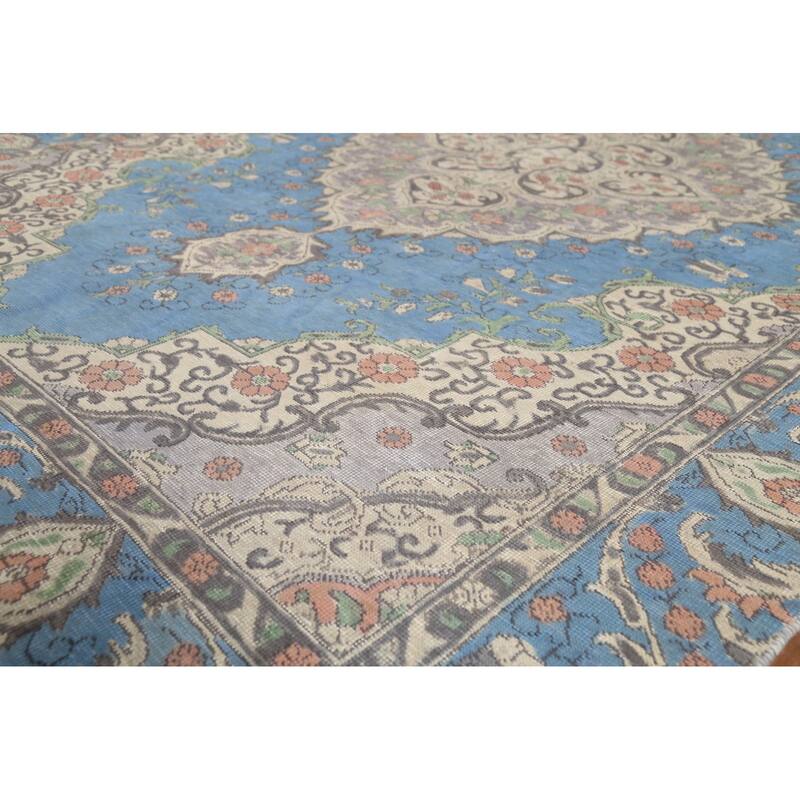 Distressed Blue Tabriz Persian Vintage Rug Hand-Knotted Wool Carpet - 6'10"x 10'8"
