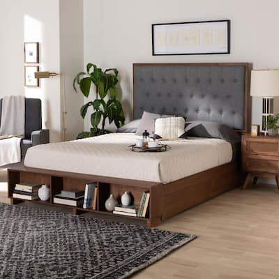 Jalie Classic Transitional Grey Fabric and Walnut Brown Finished Wood Platform Storage Bed