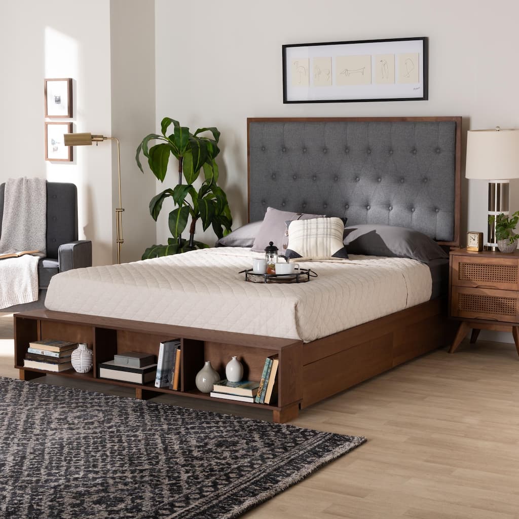 Jalie Classic Transitional Grey Fabric and Walnut Brown Finished Wood Platform Storage Bed