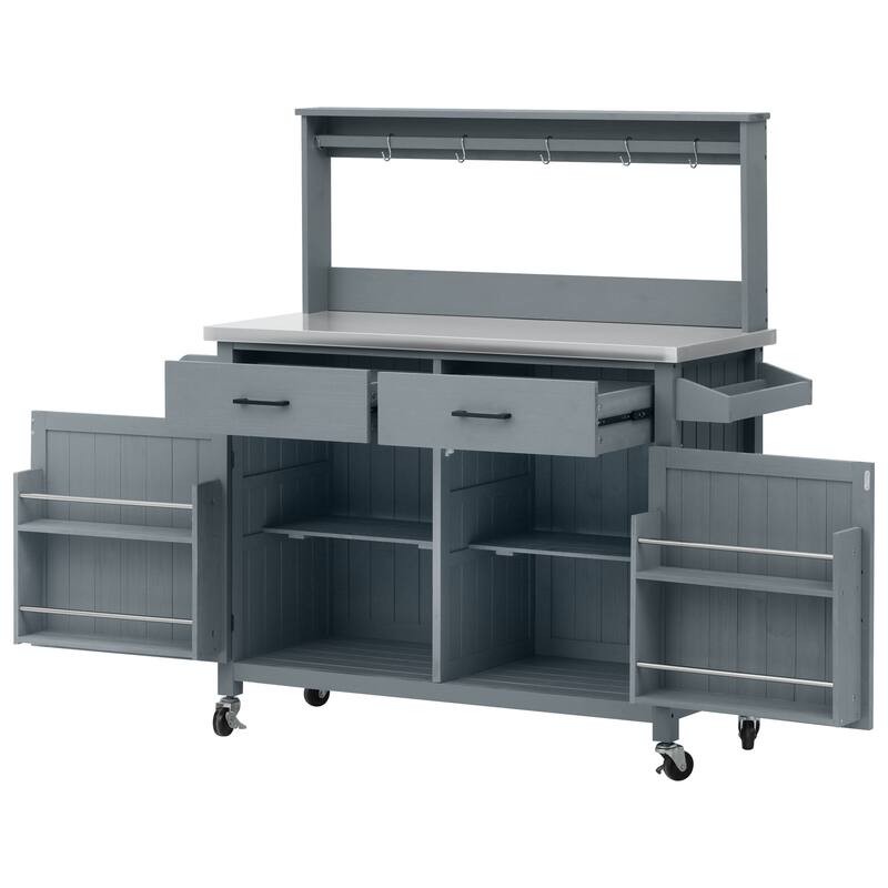 54.1" Outdoor Kitchen Island with High Shelf, Large Outdoor Potting Table with Top and Storage Cabinet, With Lockable Wheels