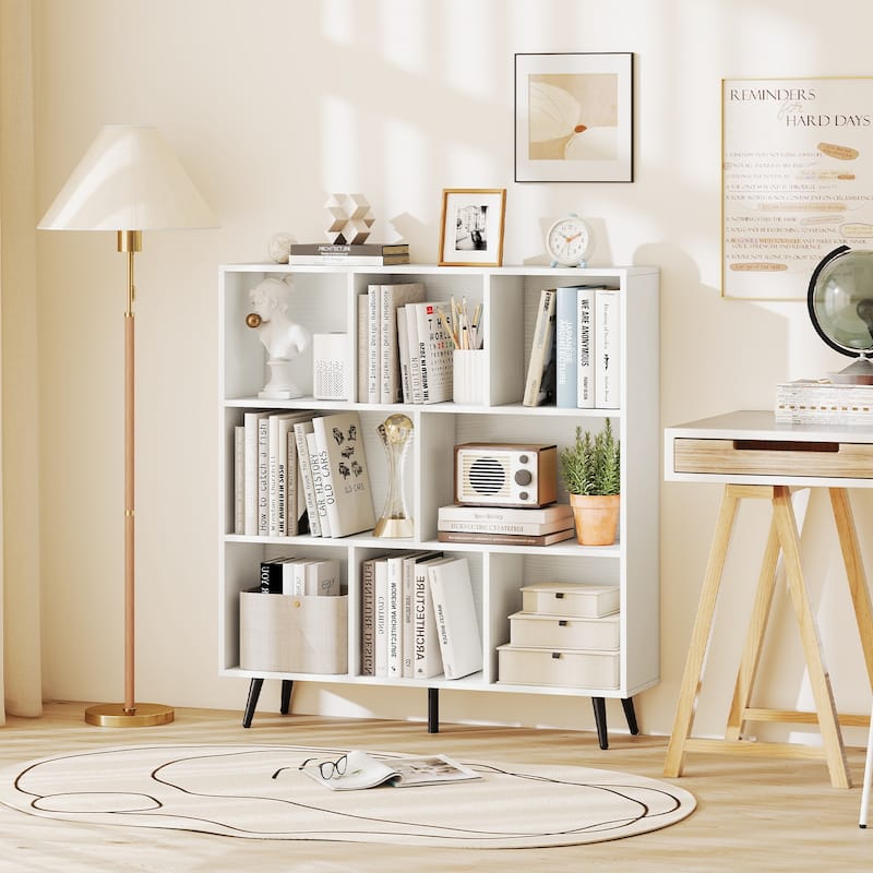 Mid-Century Modern White & Black Cube Bookcase Compartments, Engineered Wood & Metal, Sturdy