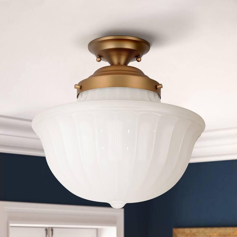 1-Light 14.9" Mid-Century Modern Gold Geometric Cone Milky White Glass Semi-Flush Mount Light - 14.9 in. W x 14.5 in. H