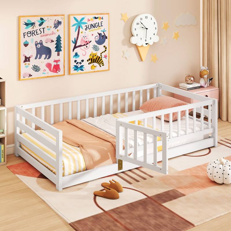Gymax Twin Size Floor Bed w/High Fence & Door Safety Guardrails Wood - White