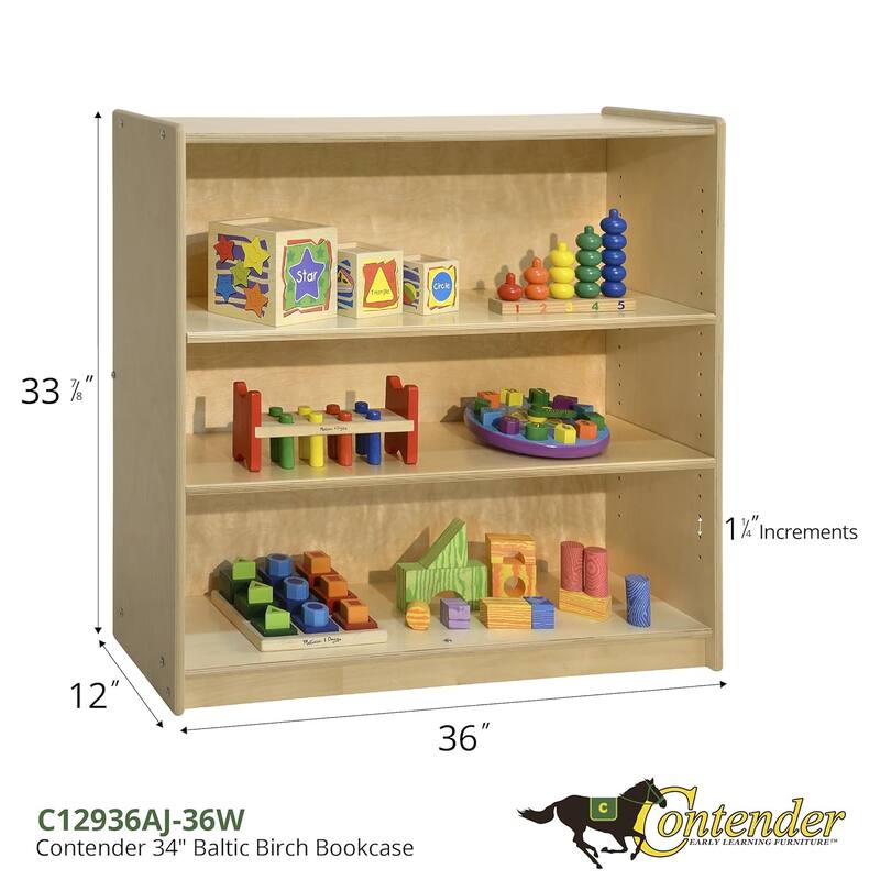 Contender 34"W Baltic Birch Bookcase With Two Adjustable Shelves, Montessori Bookshelf For Classroom, Daycare