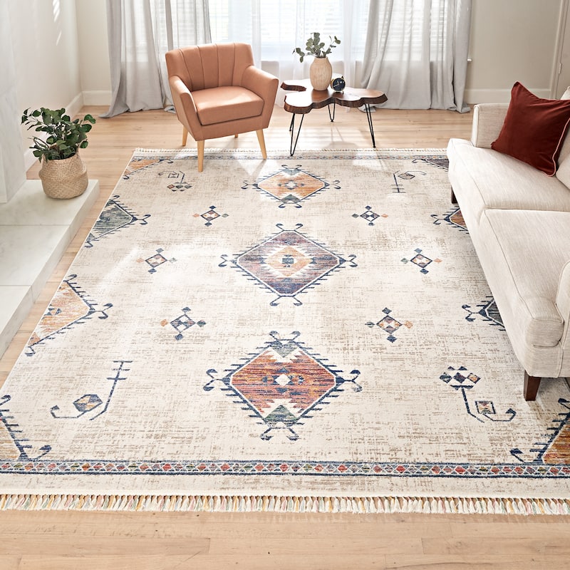 Gertmenian Amiens Moroccan Bohemian Tribal Ivory/Multi-Color Polyester Style Fringe Area Rugs