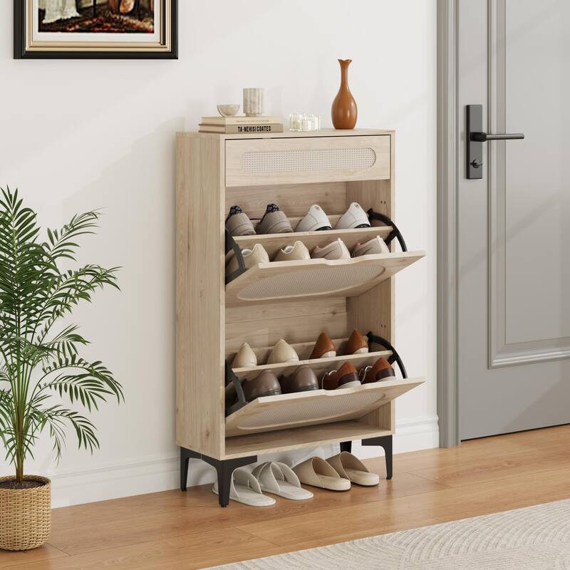 Shoe Cabinet, Rattan Shoe Storage With 2 Flip Drawer and 1 Pull-Out Drawer, Heavy Duty Metal Leg - Natural