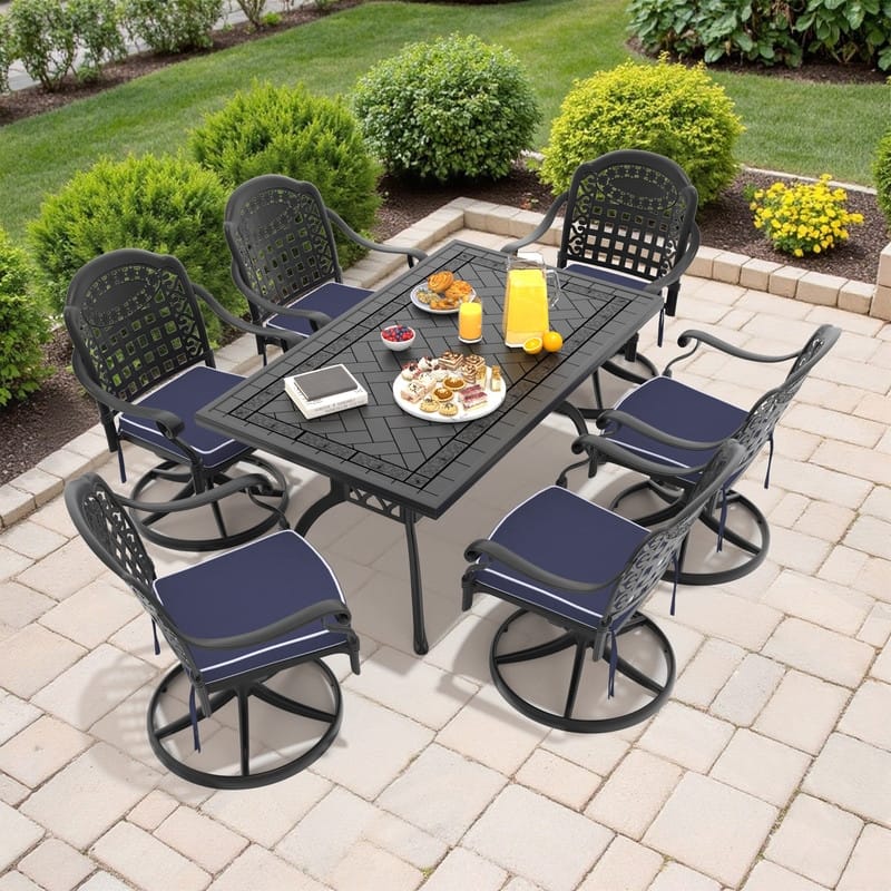 7-Piece Aluminum Rectangular Outdoor Patio Dining Set, 6 Cushioned Swivel Chairs, Table, All-Weather Frames - Black