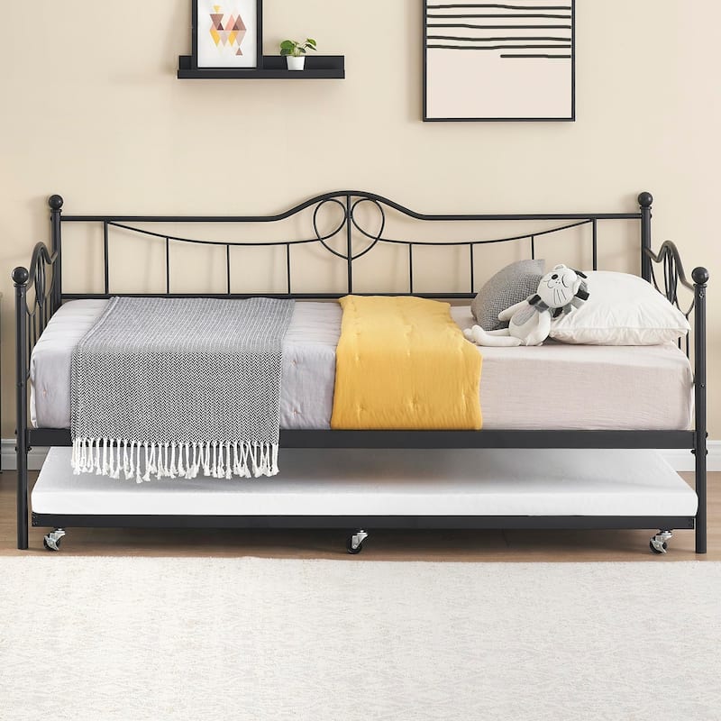 Heavy Duty Metal Daybed With Trundle Platform Sofa Bed for Bedroom