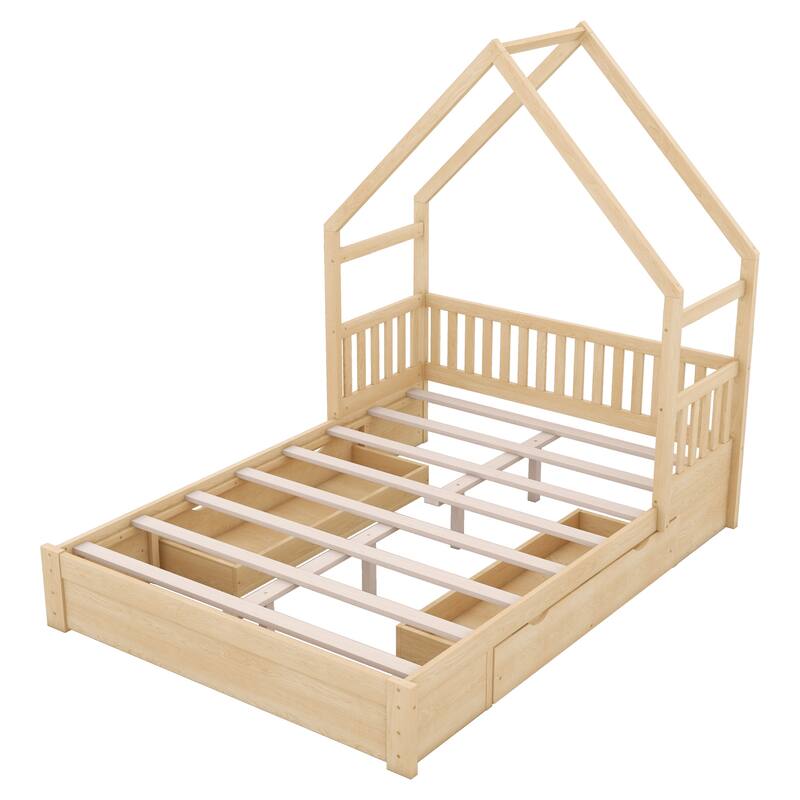 House Platform Bed with Guardrail and 2 Drawers