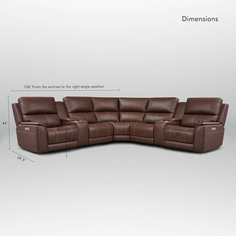 136''W 5 Seats Genuine Leather Power Reclining Double Width Brown Sectional Sofa with Zero Gravity and USB&Type-C Ports