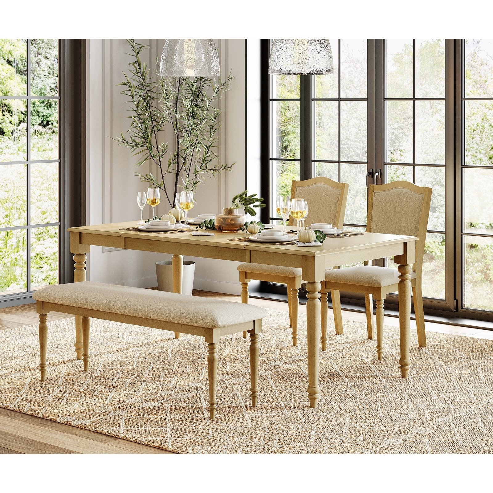 4-Piece Dining Table Set with Bench, Table and Chairs for 4-6, Oak