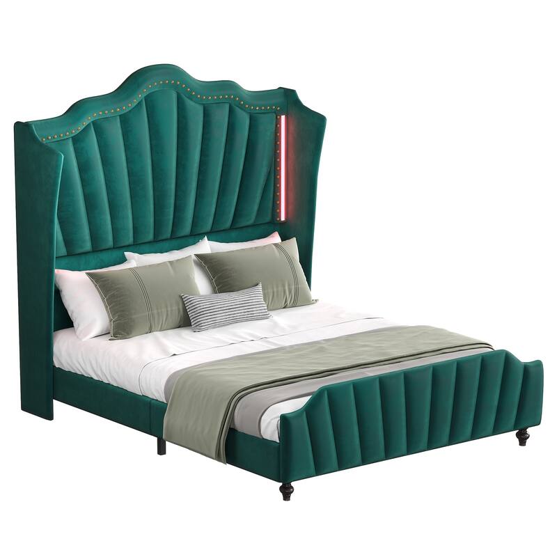 Moasis Queen Size Velvet Upholstered Platform Bed Frame with Wingback Headboard & LED Light