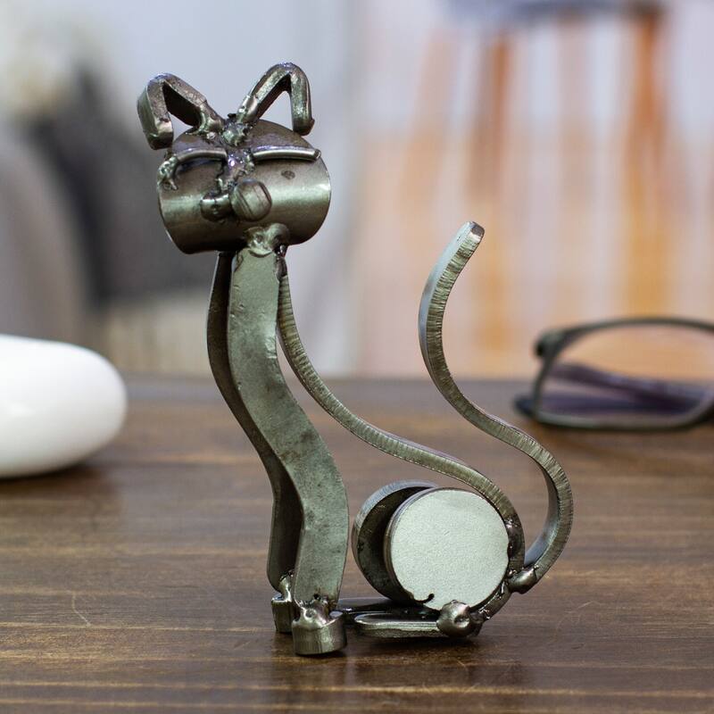 Novica Handmade Little Feline Upcycled Metal Sculpture