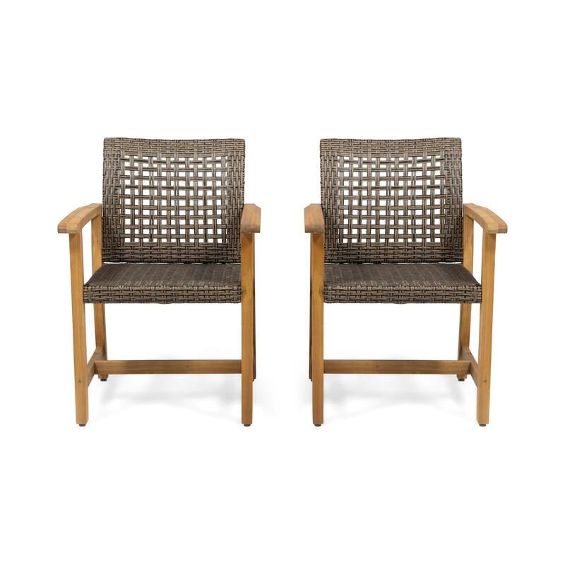2-Piece Acacia Wood Outdoor Dining Set - Brown Wicker Patio Chairs