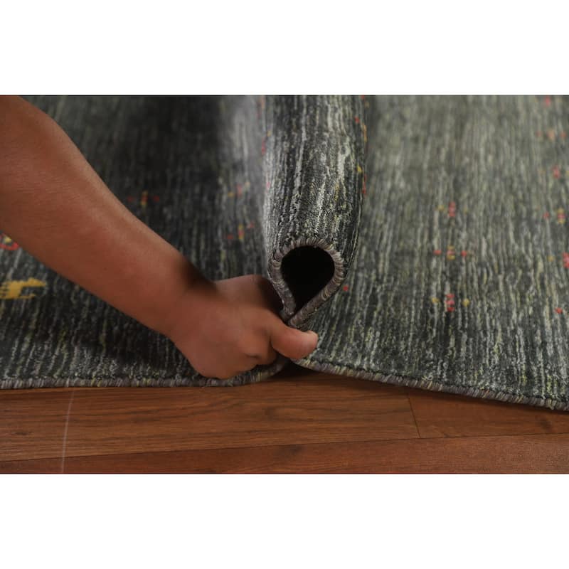 Gabbeh Area Rug Hand-Knotted Grey Wool Carpet - 7'11"x 9'10"