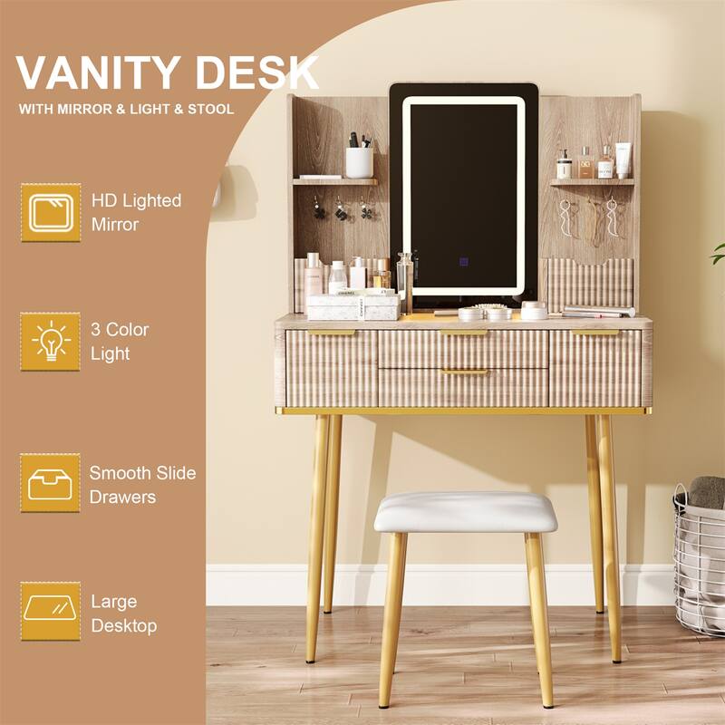 4-Drawer Vanity Desk with LED Mirror & Carved Details, Metal Legs and PU Stool