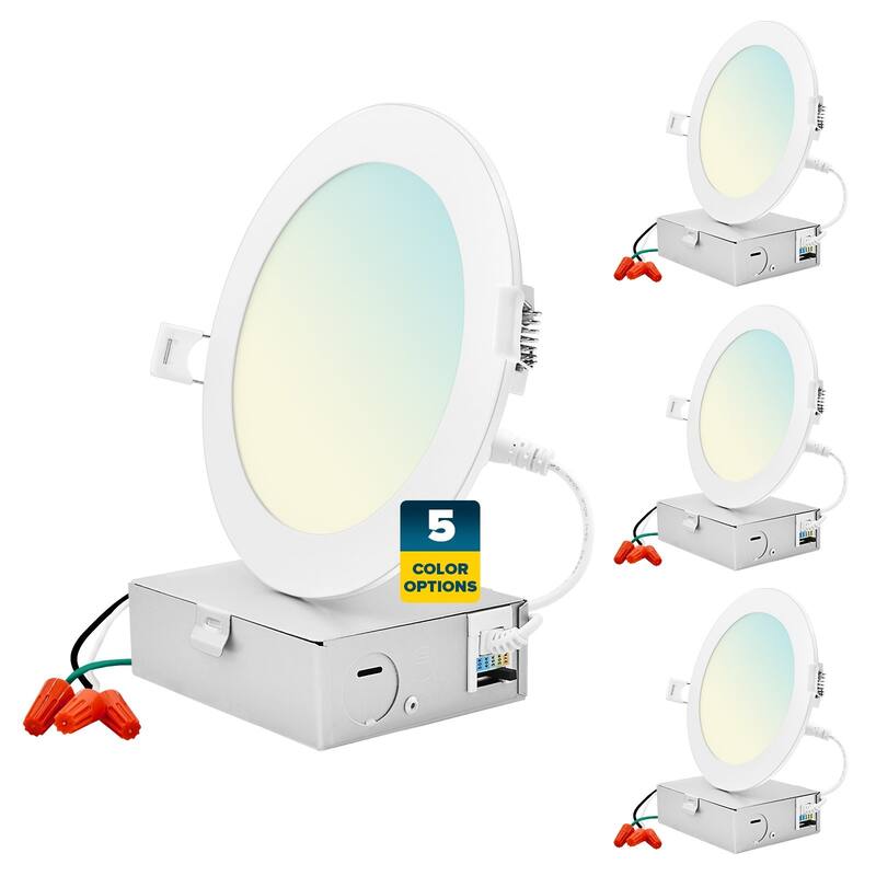 Sunperian 6 inch Ultra-Thin LED Recessed Light J-Box 5 Color Options 12W 1000 Lumens Dimmable Wet Rated ETL 4 Pack - Color Temperature Selectable 27K/30K/35K/40K/50K
