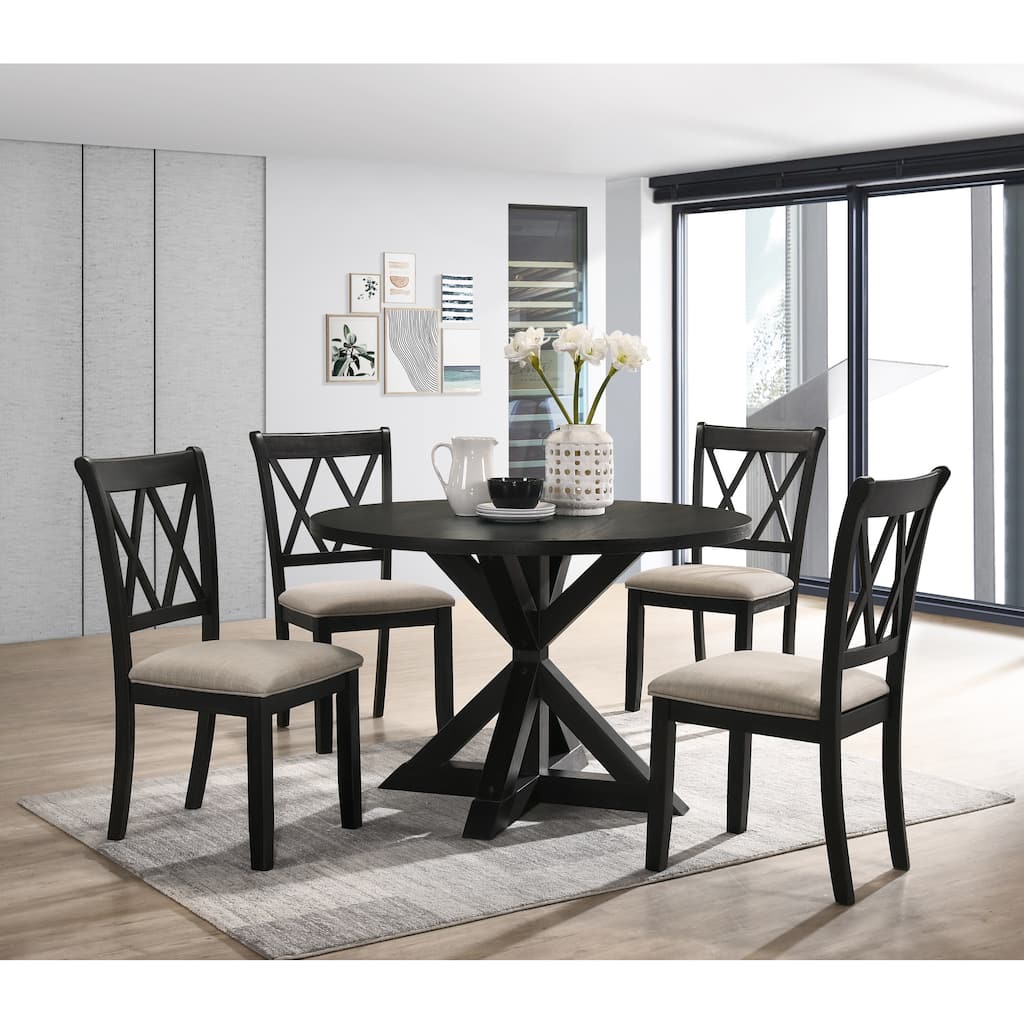 Round Dining Table Set, 5 Piece Wooden Kitchen Table with Cross-Buck Base and 4 Upholstered Dining Chairs, for Living Room