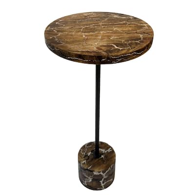 Electra Round Accent Table - Handcrafted Mango Wood with Lightning Design, Rustic Industrial Side Table