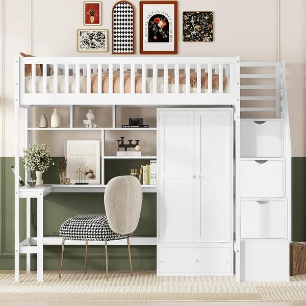 slide 2 of 39, Twin All-in-one Children's Loft Bed Frame w/ Desk, Wardrobe, Drawers White - Twin
