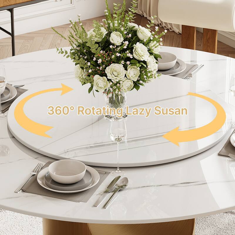 51 &59" Modern Round Dining Table for Diningroom，White Glossy Stone Tabletop,Bronze Carbon Pedestal