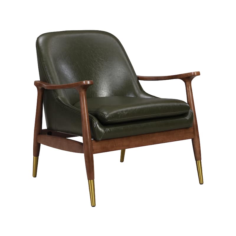 Faux Leather Mid-Century Accent Chair with Cushioned Seat, Solid Wood Frame, and Brass-Tipped Legs