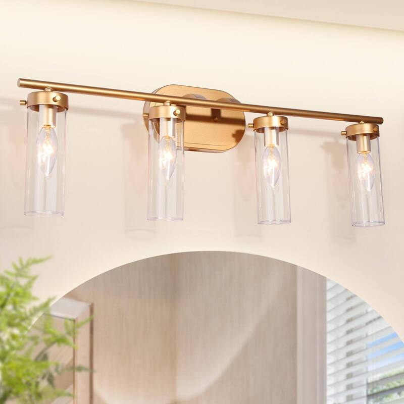 Modern Gold 3-Light Bathroom Vanity Light Cylinder Glass Wall Sconces - 4-Light