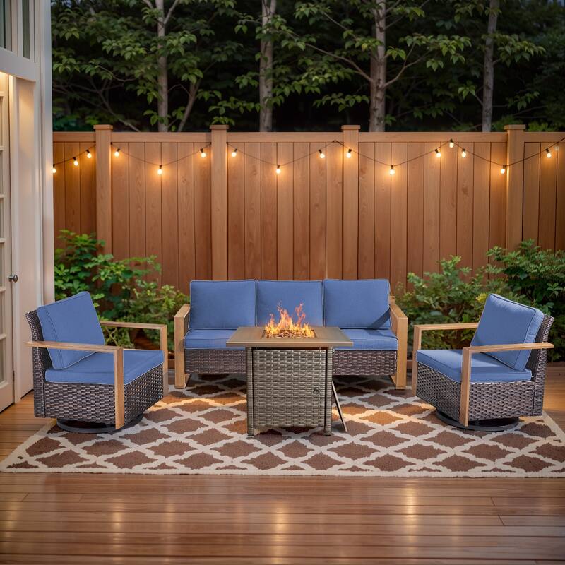 Pocassy Outdoor Sofa Patio Swivel Chair Funiture Set - Brown Wicker with Blue Cushion - 4-Piece Sofa Swivel Chair with Fire Pit Table