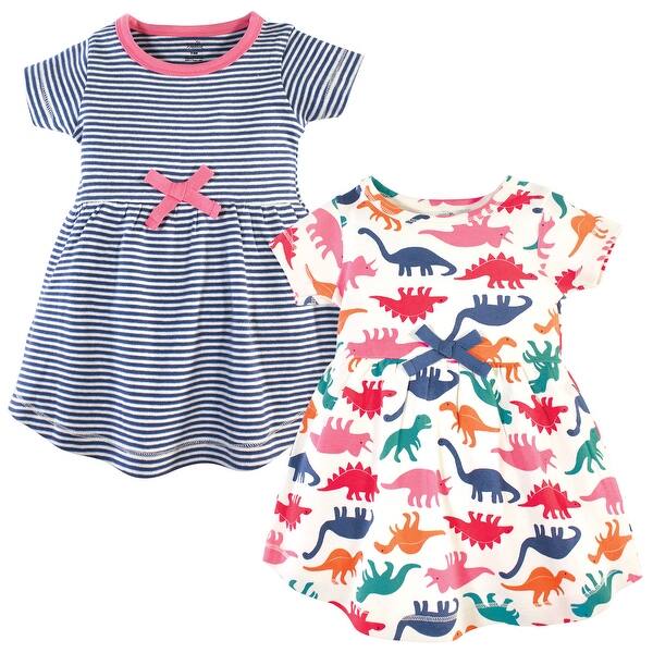 slide 1 of 1, Touched by Nature Baby and Toddler Girl Organic Cotton Short-Sleeve Dresses 2pk, Dinosaurs 2T - Baby Toddler Dinosaurs Short Sleeve