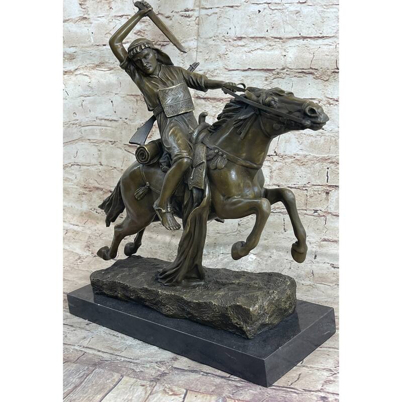 Arabian Arab Warrior On Imitative Horseback Bronze Statue Sculpture Figure On Marble Base