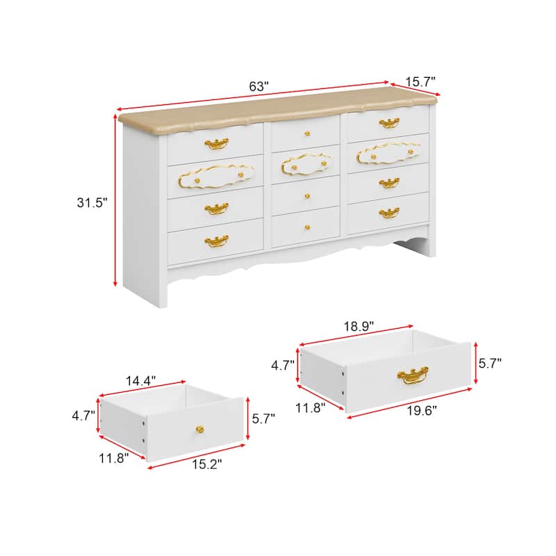Luxury White and Gold 12-Drawer Dresser with Pine Wood Top Elegant Storage Cabinet for Bedroom or Living Room