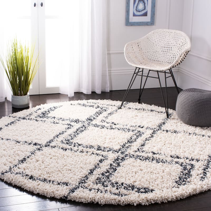 SAFAVIEH Pro Lux Shag Nazmije Moroccan Tassel 2.4-inch Thick - 6'7" x 6'7" Round - Cream/Blue - Runner/Round