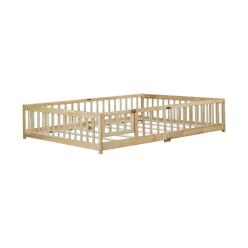 Roomfitters Queen Floor Bed with Surround Fence and Swing Door, Rubber Wood Platform with Guardrails and Slats, Natural