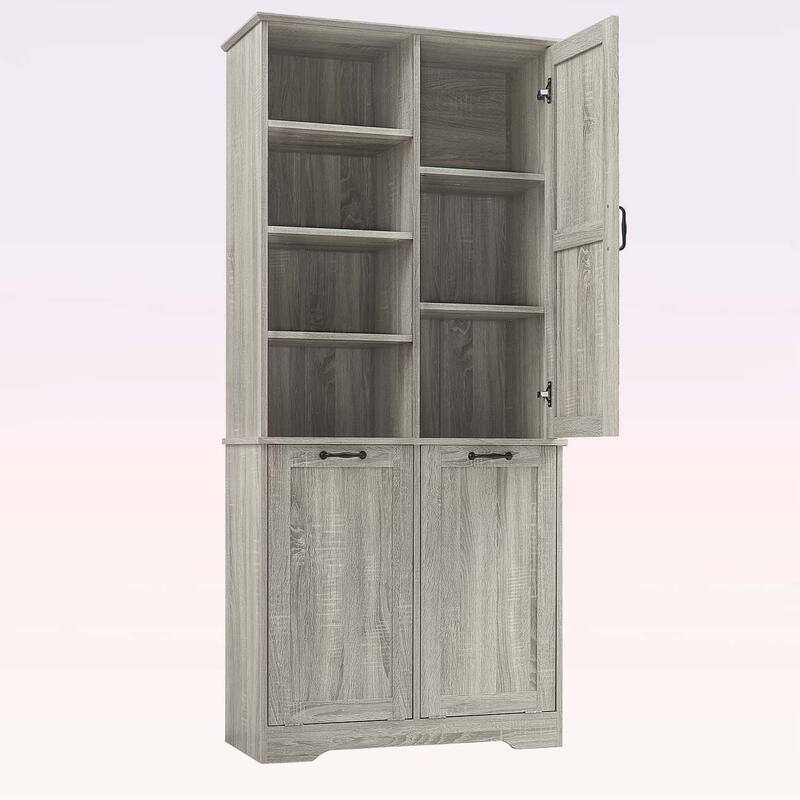 Bathroom Storage Cabinet with Doors, Drawers, Tilt-Out Laundry Hamper, and Adjustable Shelves, Oak Finish