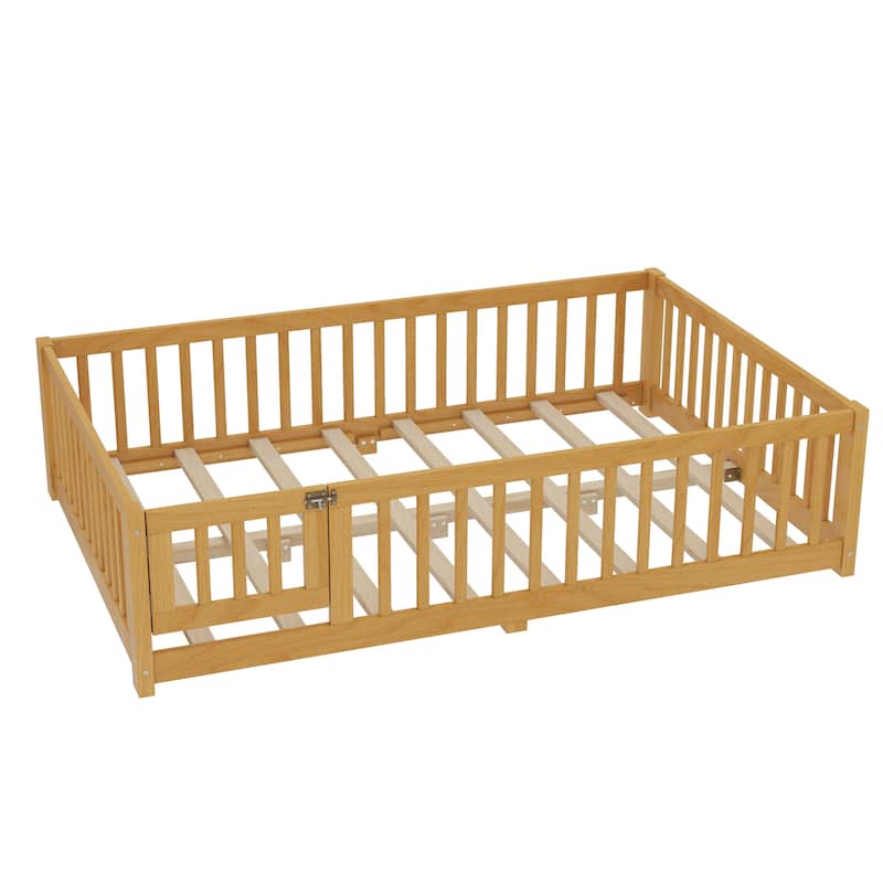 Montessori Toddler Floor Bed with Fence and Switchable Door, Low Profile Bed Frame with Removable Slats, Safe Transition Bed