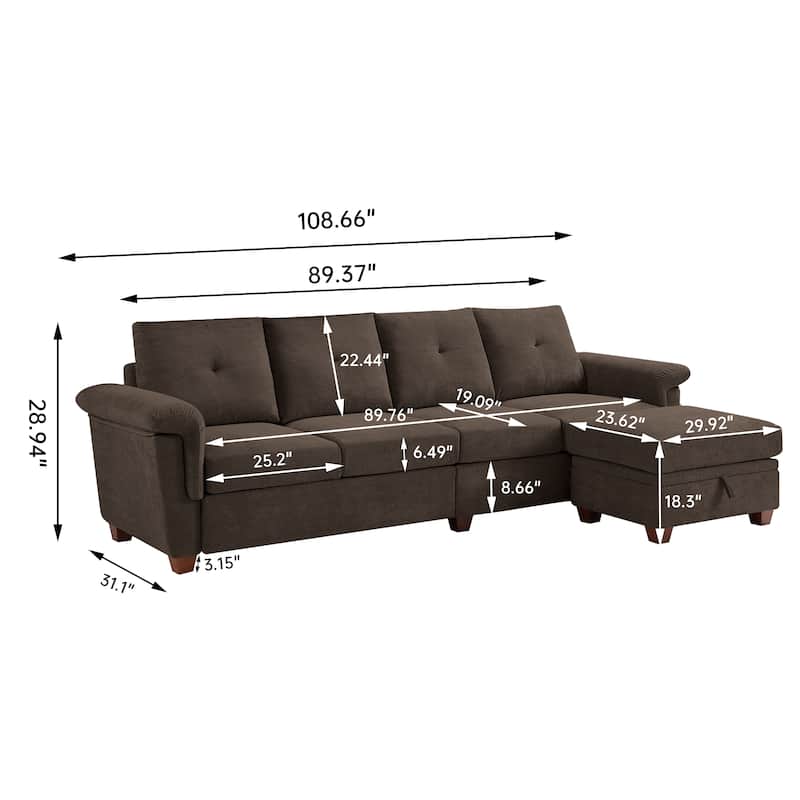 109" Modern 4 Seaters Towelling Sectional Sofa with Hidden Coffee Table Adjustable Headrest and Large Storage Space