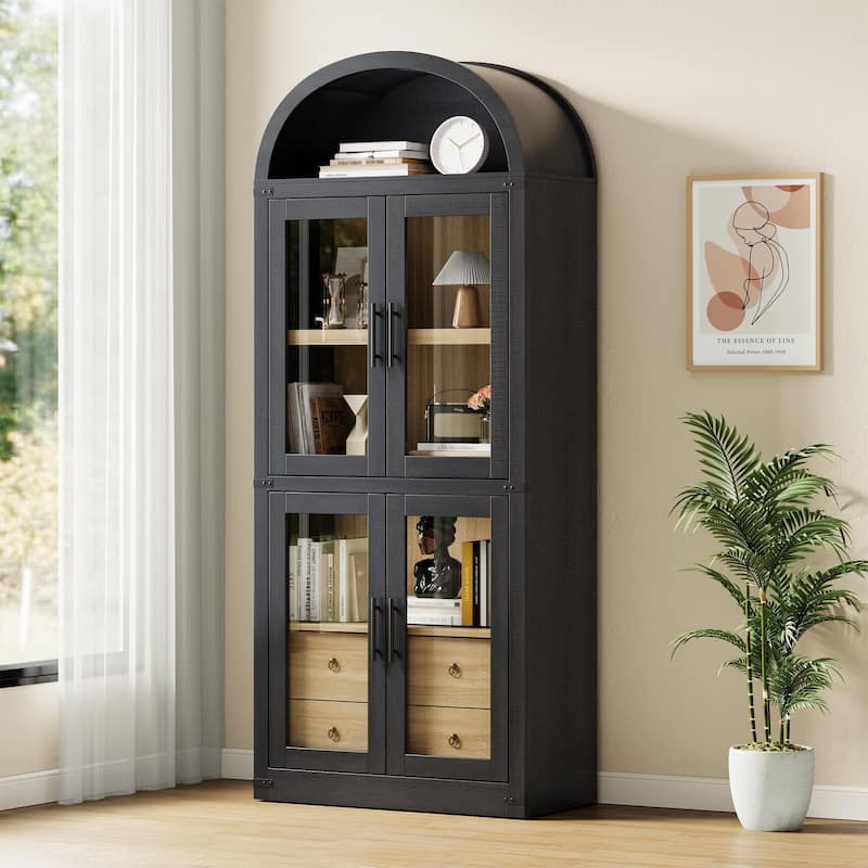 71" Tall Bookshelf, 4 Tier Book Shelf with 2 Storage Drawers, with Doors - Black