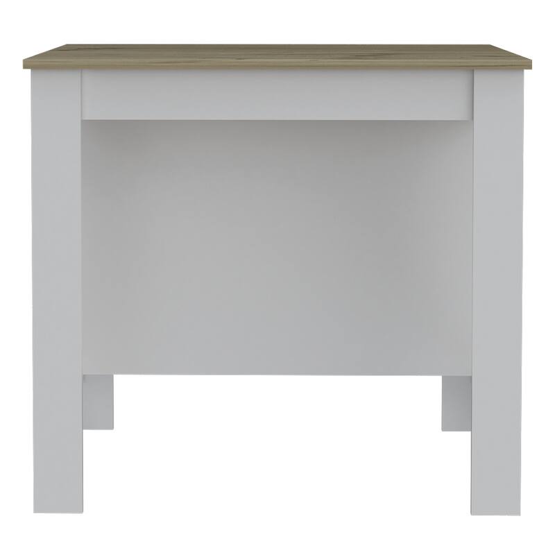 Kitchen Island, Kitchen Table 35" H, Three Open Storage Shelves, Four Legs, White/Light Oak